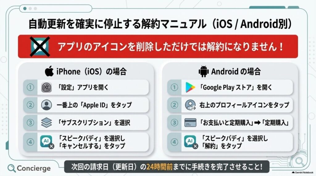 スピークバディの解約方法と自動更新を確実に停止する手順（iOS / Android別）