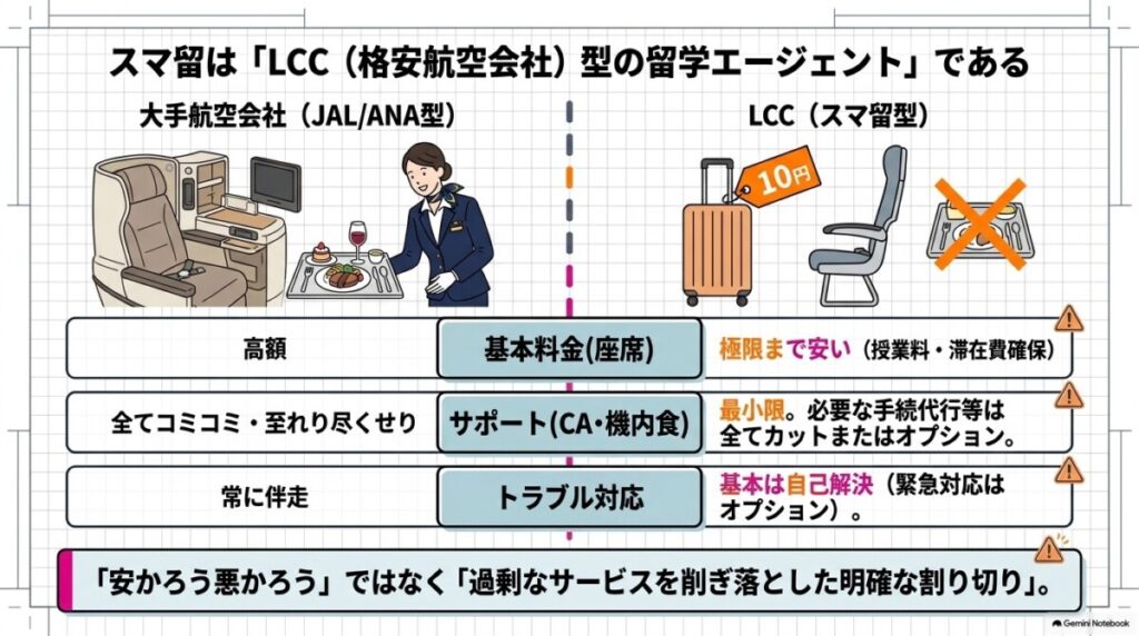 1-2. 「JAL・ANA（大手）」と「LCC（スマ留）」で例えるサービスの割り切り