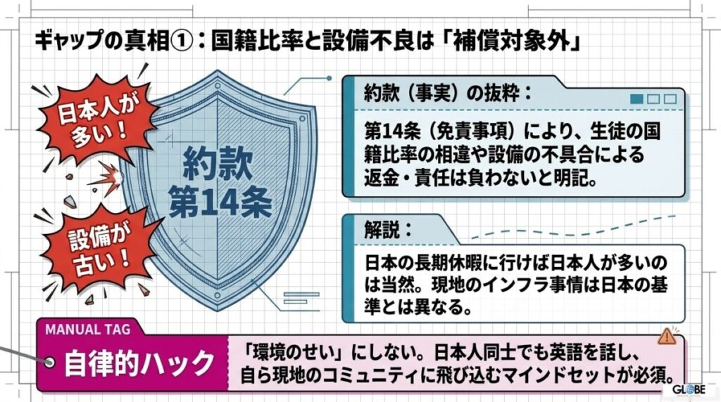 2-1. 【約款第14条1項イ】日本人比率の相違や設備不良は「返金・補償対象外」の真実