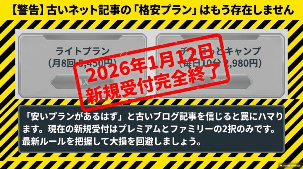 【重要警告】月8回のライトプランとチョコっとキャンプは2026年1月に新規受付終了