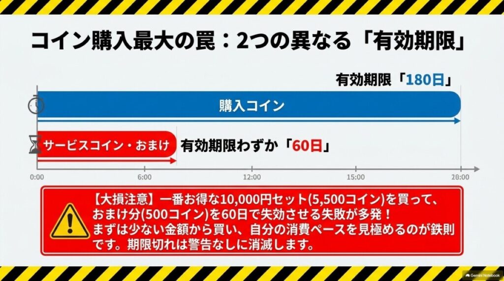 【有効期限の罠】購入コイン（180日）とサービスコイン（60日）の二重ルールに注意！