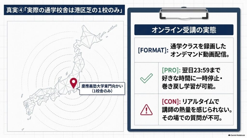 真実④「実際の通学校舎は港区芝の1校のみ」：地方在住者はオンライン（録画配信）前提の懸念