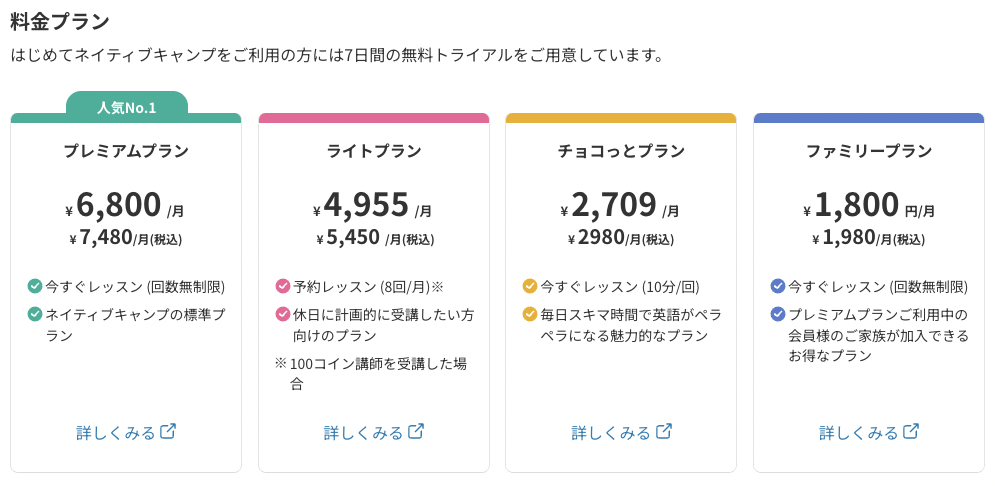 ネイティブキャンプの基本料金プラン